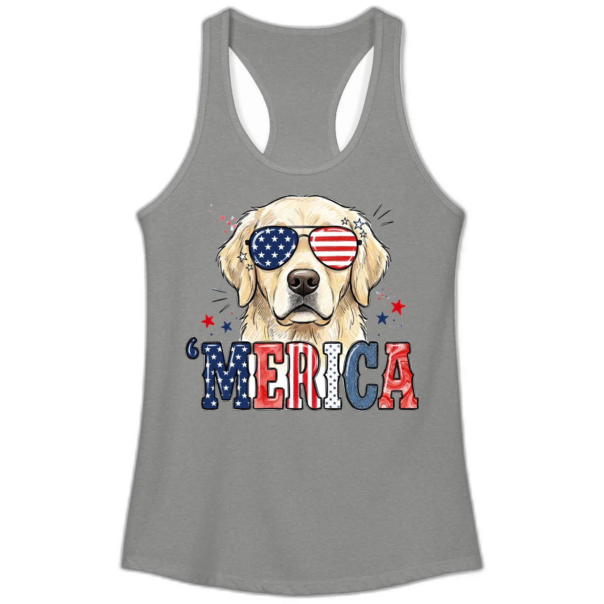 Patriotic Golden Retriever 'Merica Sunglasses Ladies Tank in Heather Grey