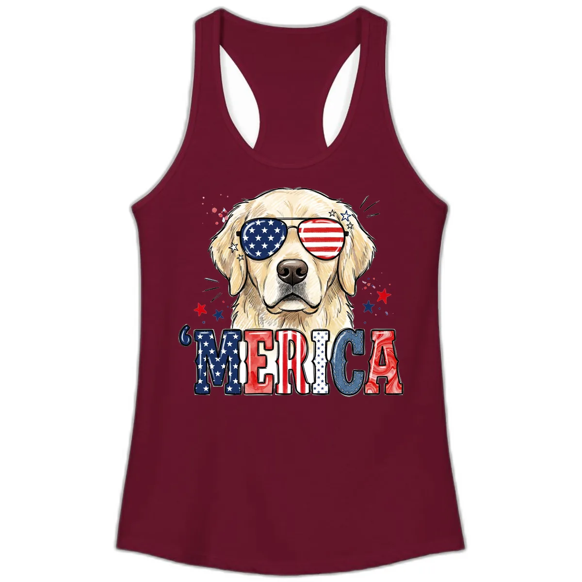 Patriotic Golden Retriever 'Merica Sunglasses Ladies Tank in Solid Cardinal Red
