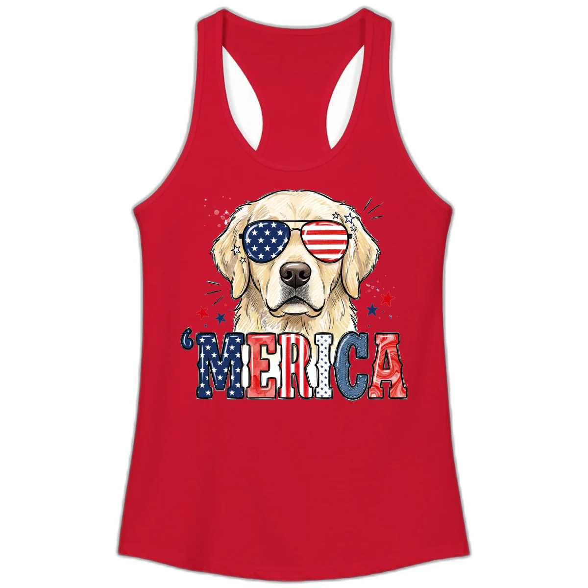 Patriotic Golden Retriever 'Merica Sunglasses Ladies Tank in Solid Red
