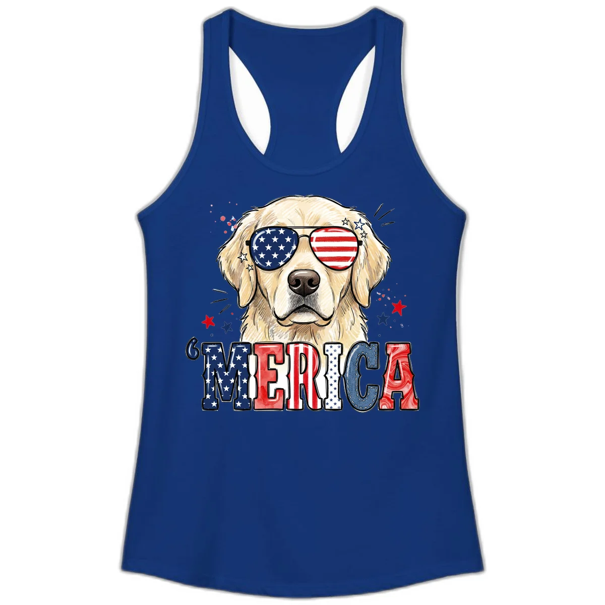Patriotic Golden Retriever 'Merica Sunglasses Ladies Tank in Solid Royal