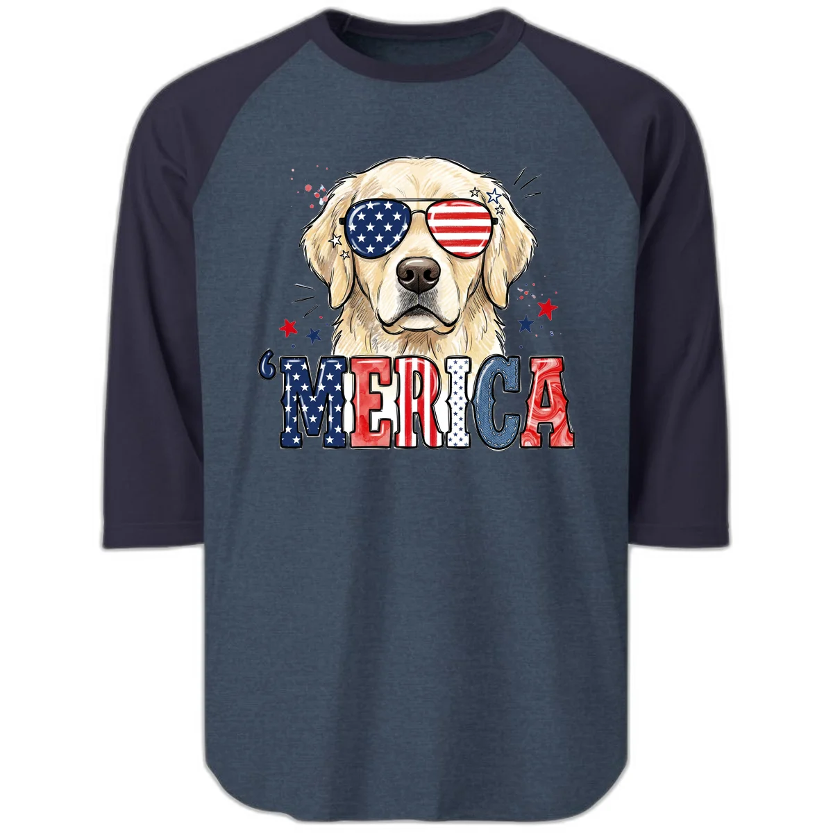 Patriotic Golden Retriever 'Merica Sunglasses Raglan 3/4 in Heather Denim Navy