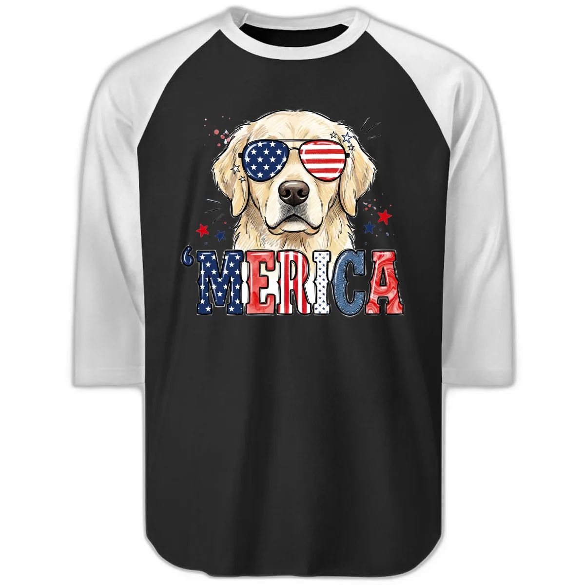 Patriotic Golden Retriever 'Merica Sunglasses Raglan 3/4 in Black White