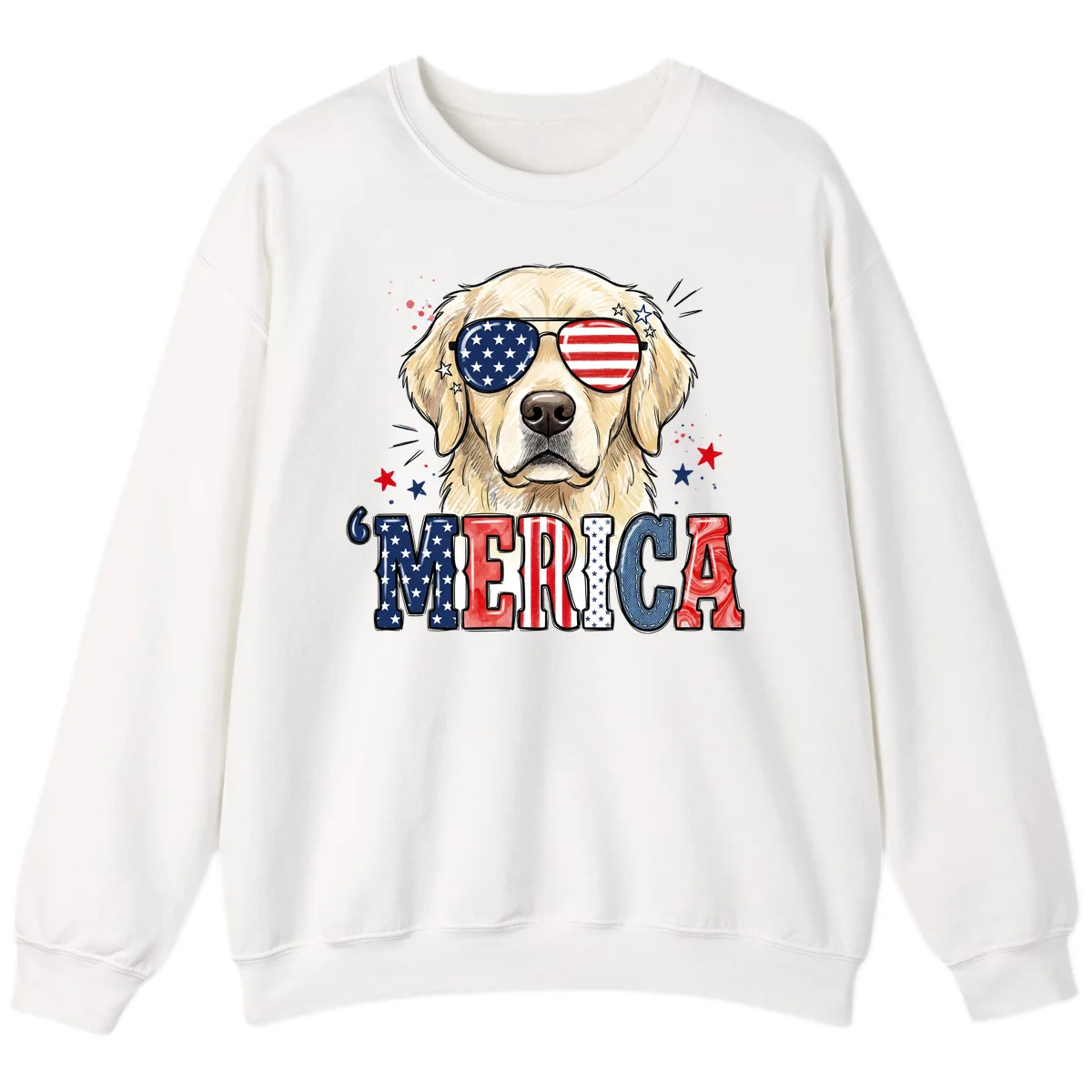 Patriotic Golden Retriever 'Merica Sunglasses Sweatshirt in White