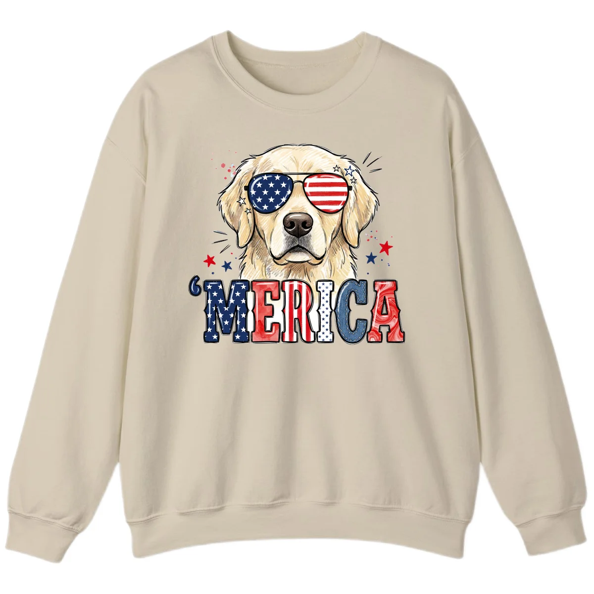 Patriotic Golden Retriever 'Merica Sunglasses Sweatshirt in Sand