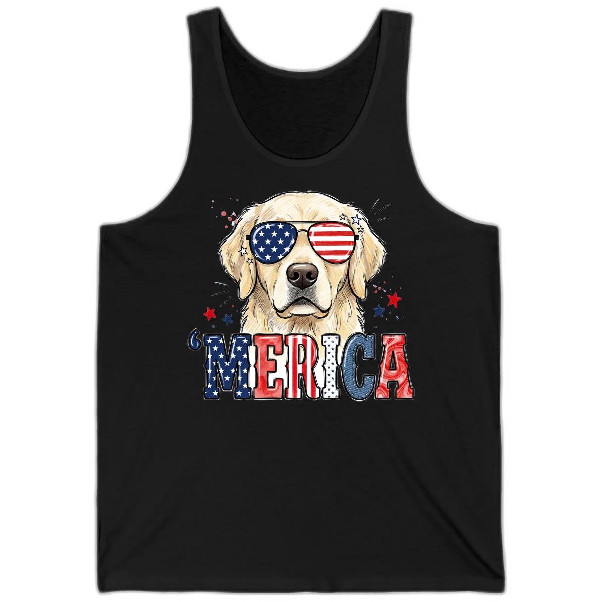 Patriotic Golden Retriever 'Merica Sunglasses Tank in Black