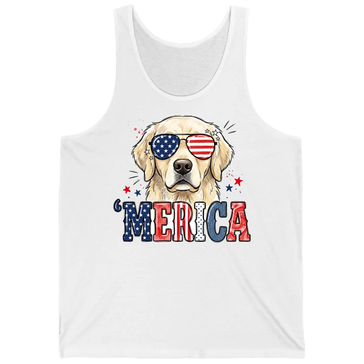 Patriotic Golden Retriever 'Merica Sunglasses Tank in White