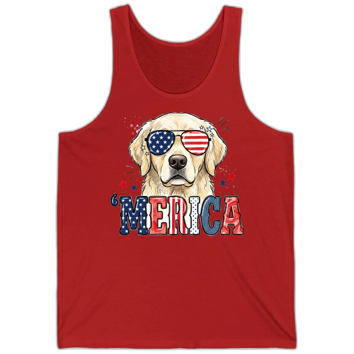 Patriotic Golden Retriever 'Merica Sunglasses Tank in Red