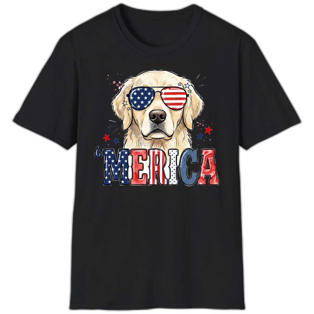 Patriotic Golden Retriever 'Merica Sunglasses T-Shirt in Black