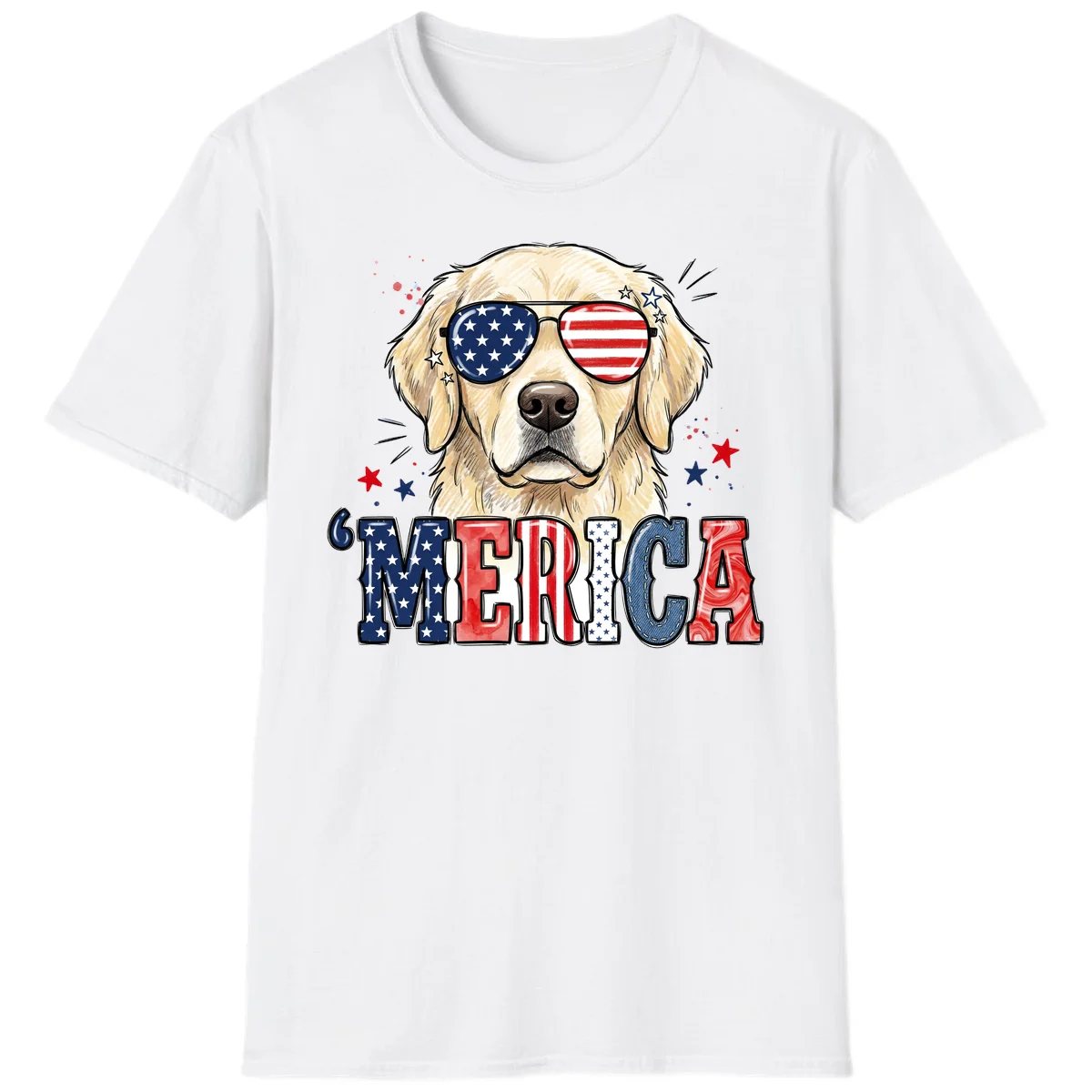 Patriotic Golden Retriever 'Merica Sunglasses T-Shirt in White
