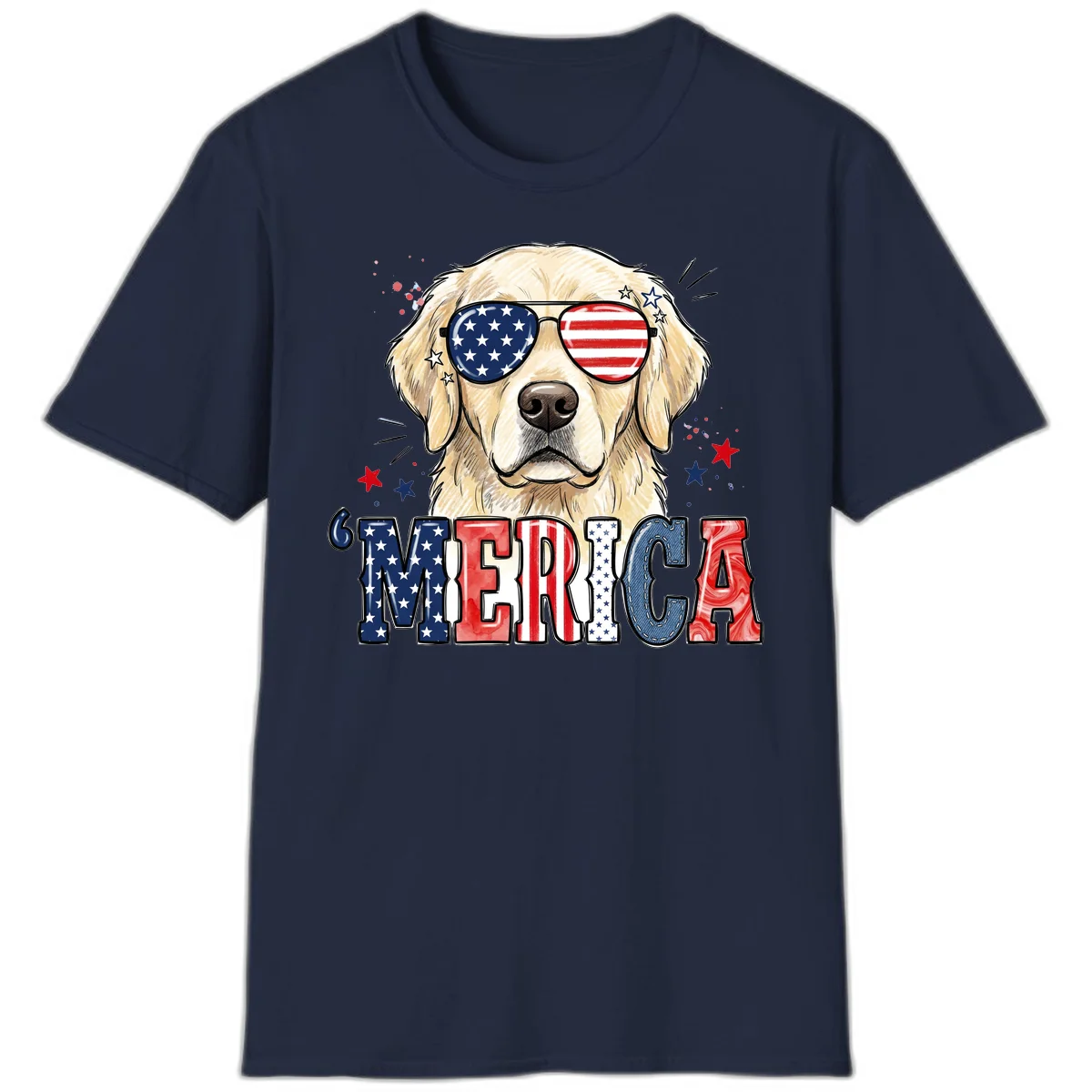 Patriotic Golden Retriever 'Merica Sunglasses T-Shirt in Navy