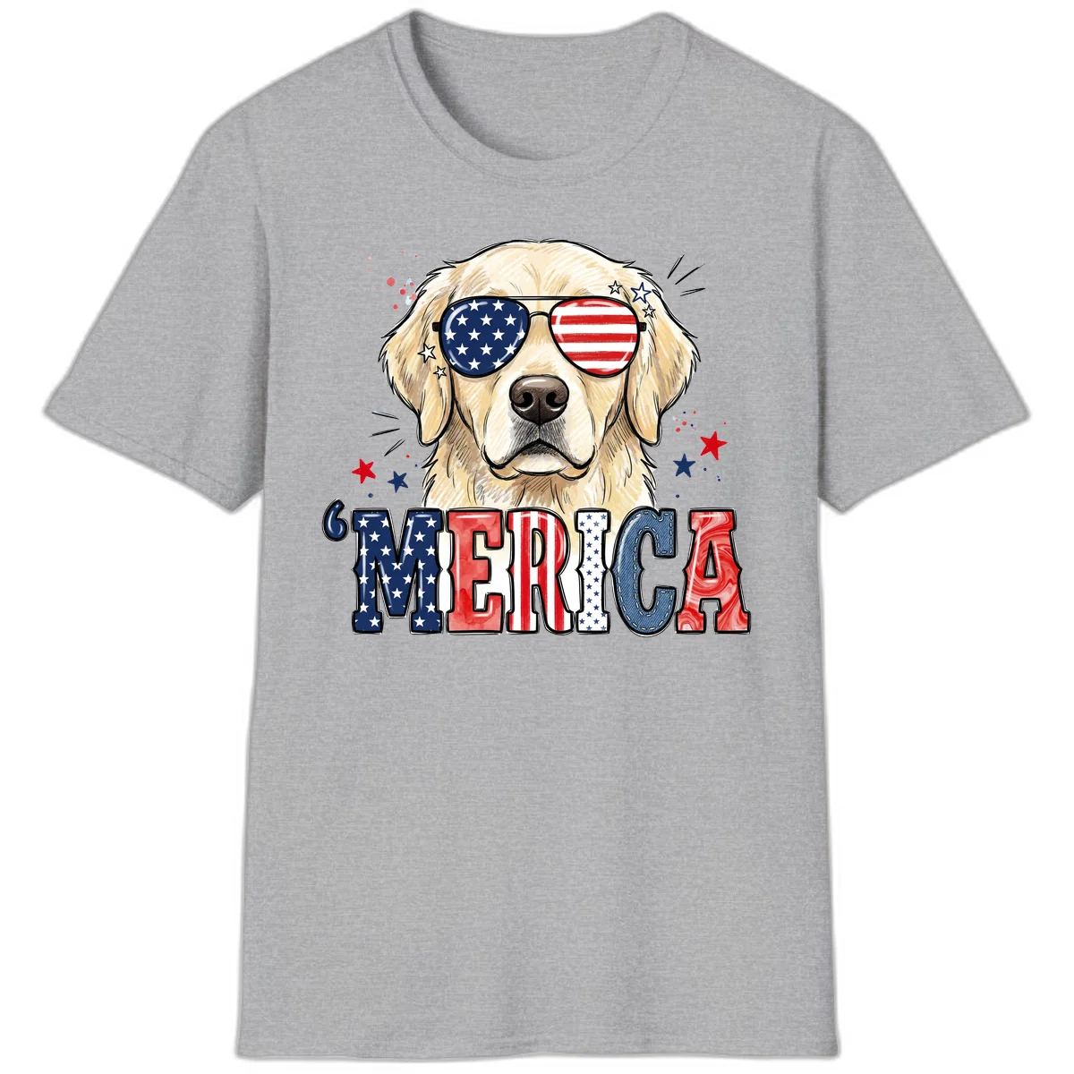 Patriotic Golden Retriever 'Merica Sunglasses T-Shirt in Sport Grey