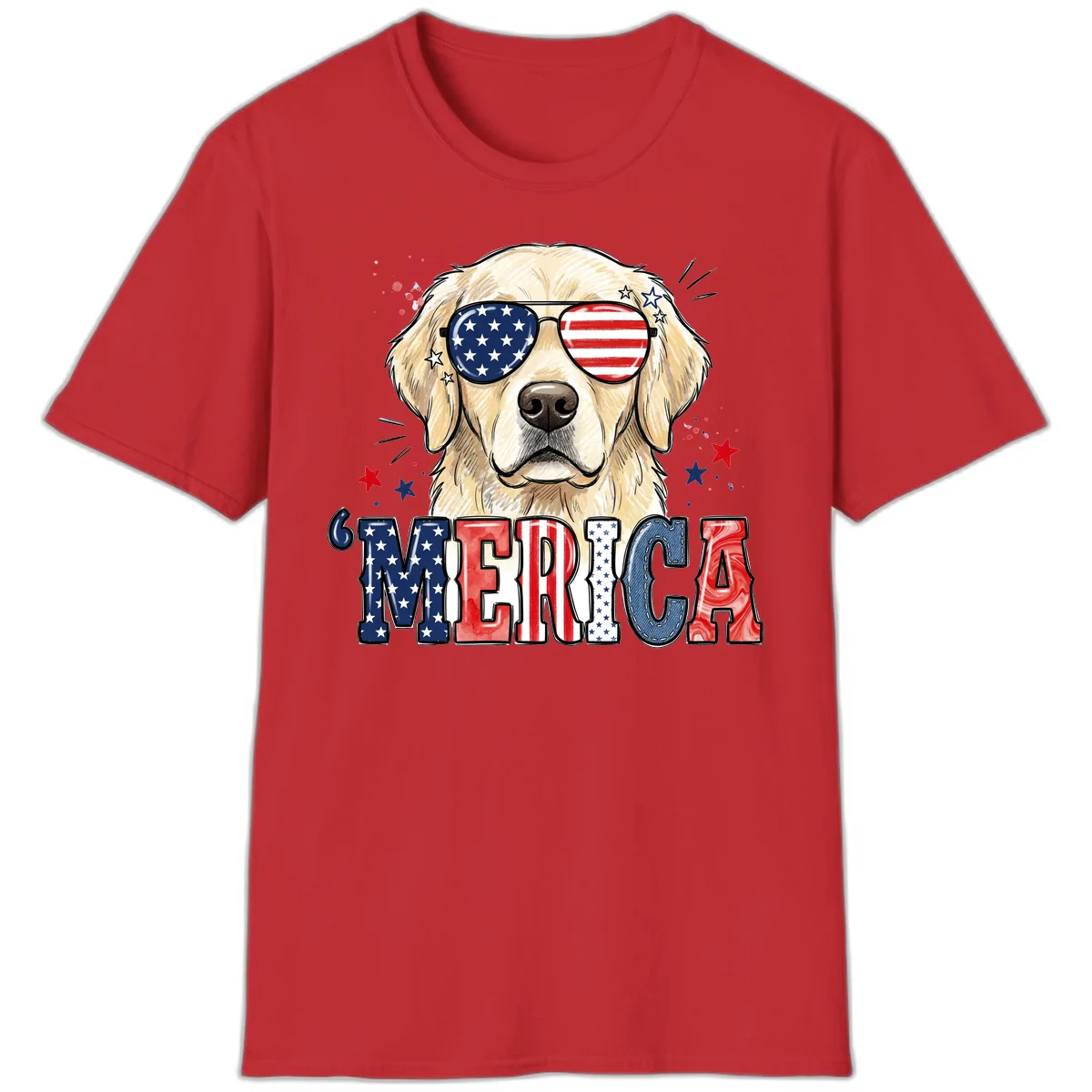Patriotic Golden Retriever 'Merica Sunglasses T-Shirt in Red