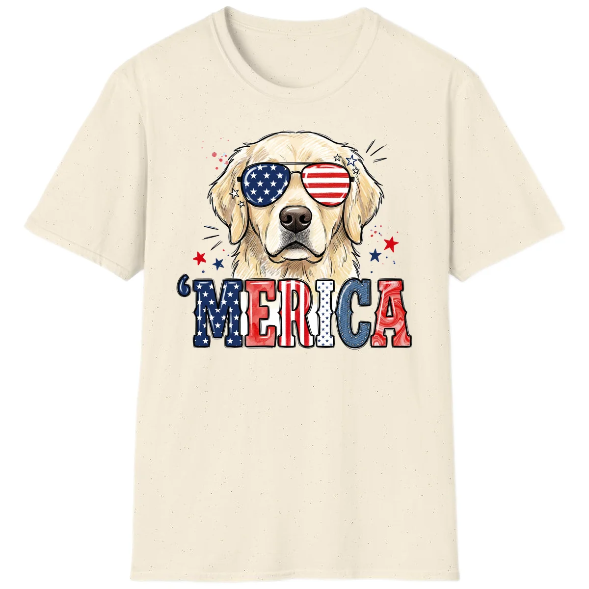 Patriotic Golden Retriever 'Merica Sunglasses T-Shirt in Natural
