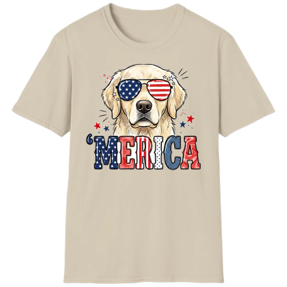 Patriotic Golden Retriever 'Merica Sunglasses T-Shirt in Sand