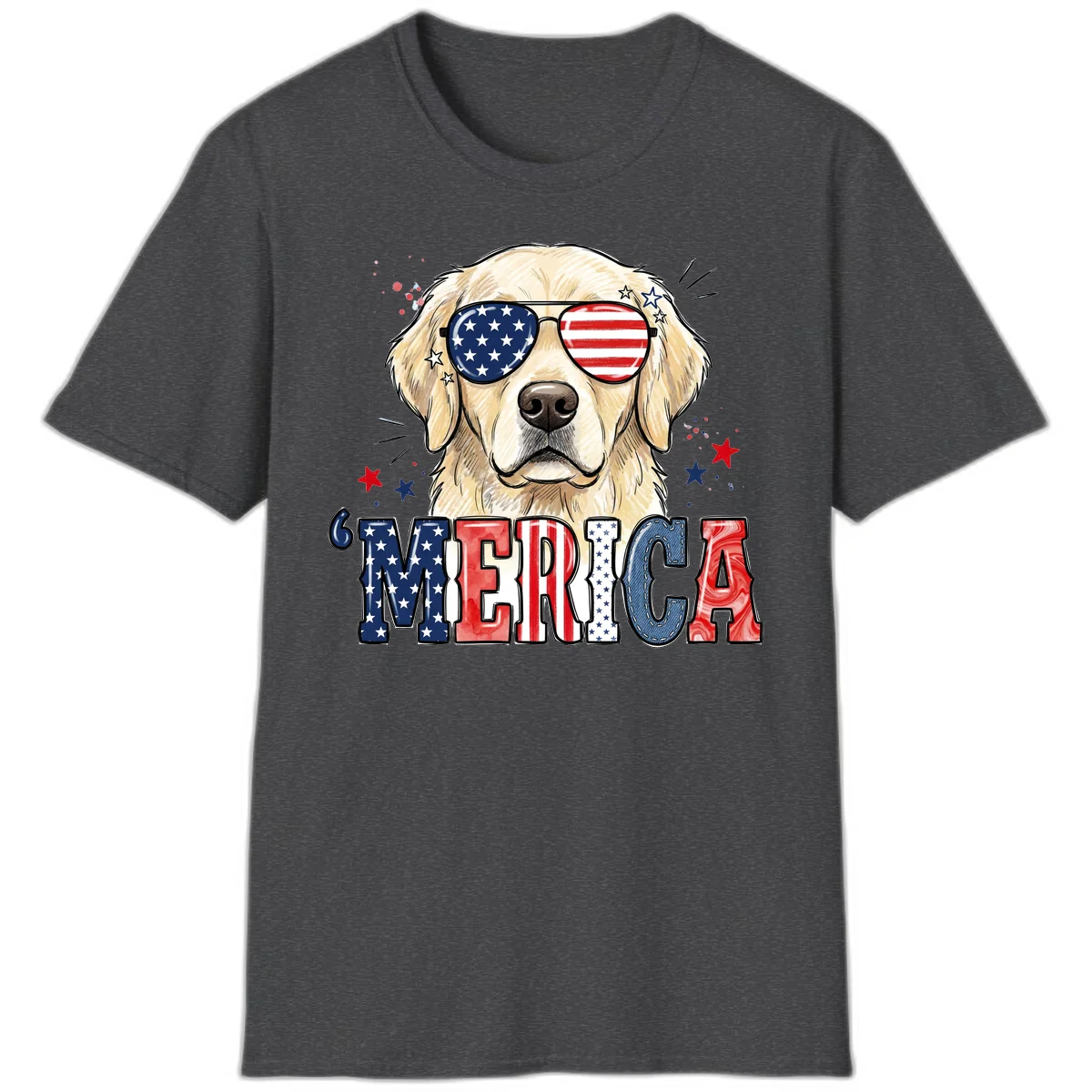 Patriotic Golden Retriever 'Merica Sunglasses T-Shirt in Dark Heather