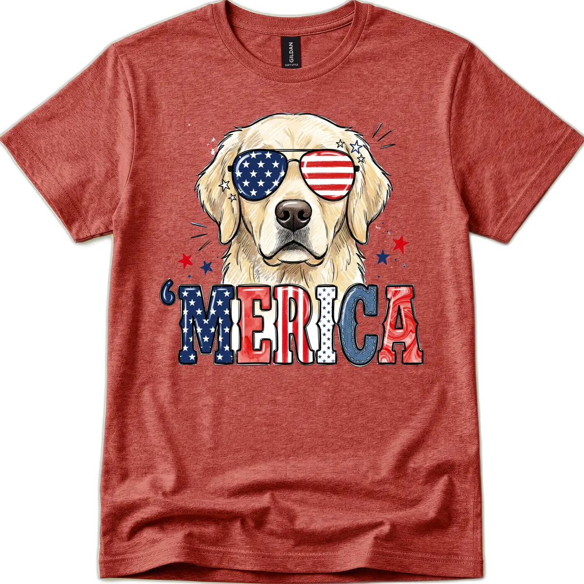 Patriotic Golden Retriever 'Merica Sunglasses T-Shirt in Heather Cardinal