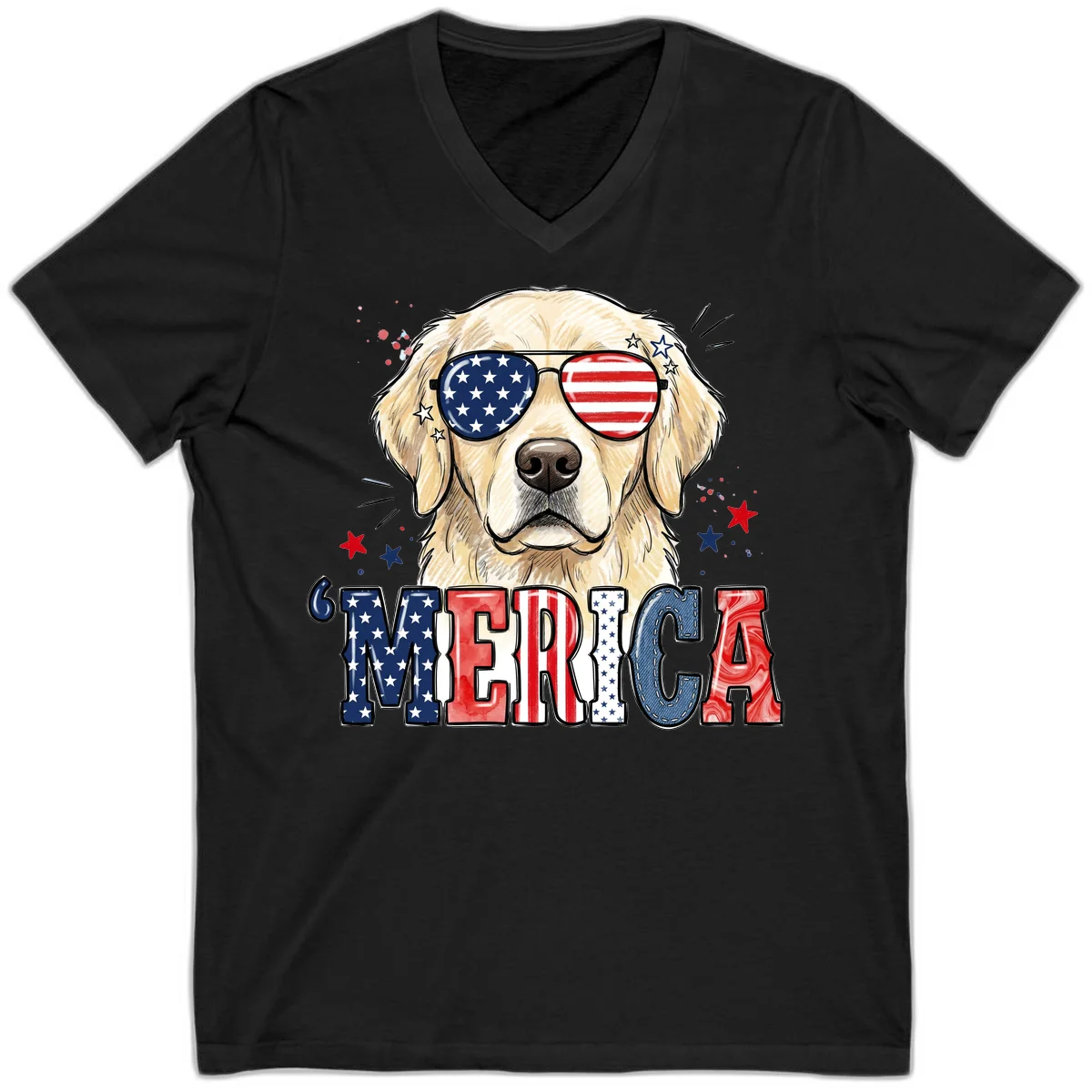 Patriotic Golden Retriever 'Merica Sunglasses V-Neck in Black
