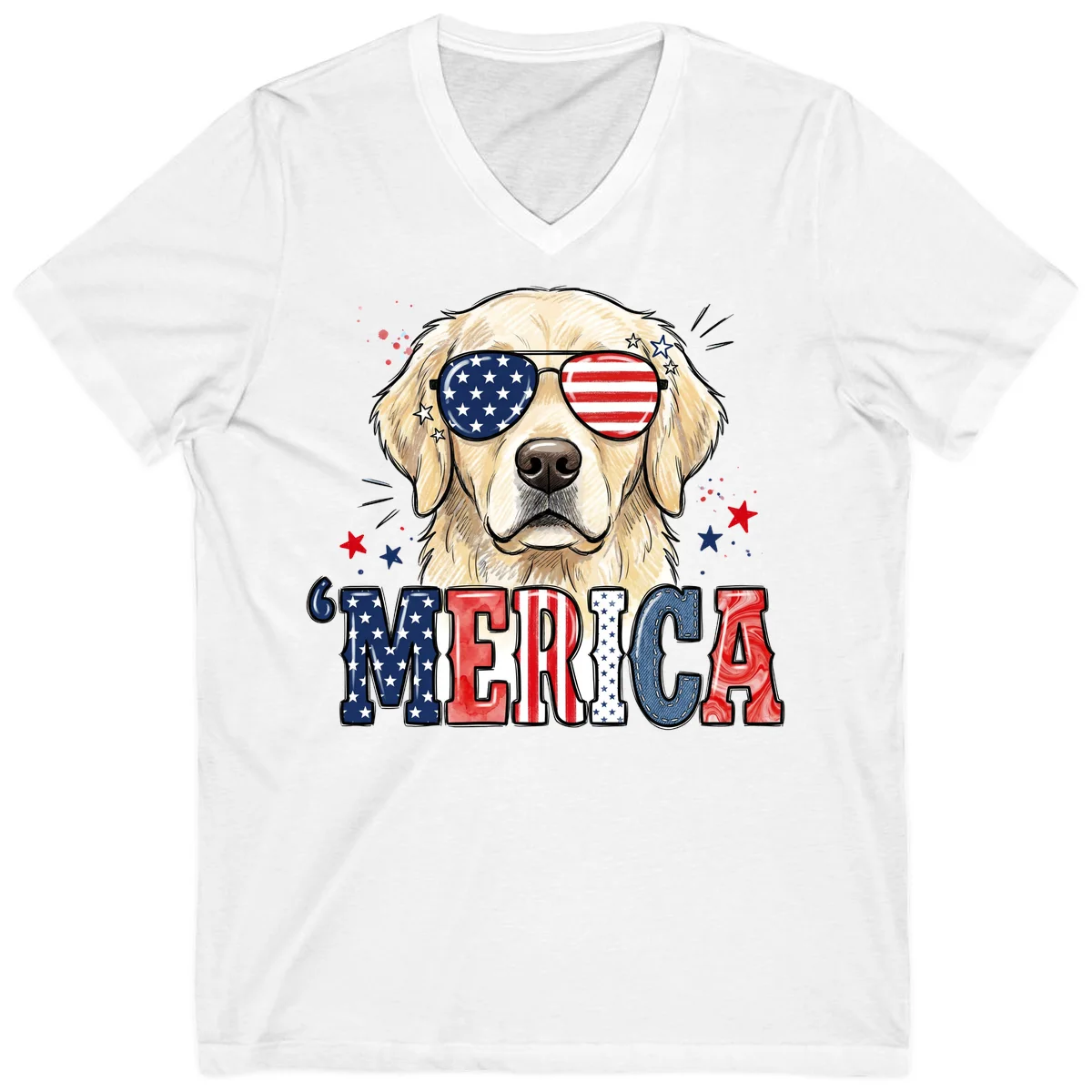 Patriotic Golden Retriever 'Merica Sunglasses V-Neck in White