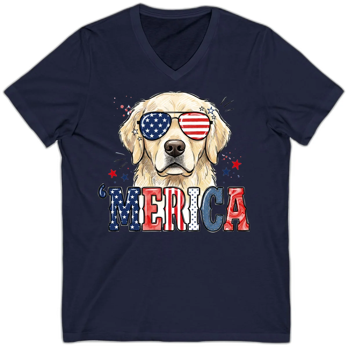 Patriotic Golden Retriever 'Merica Sunglasses V-Neck in Navy