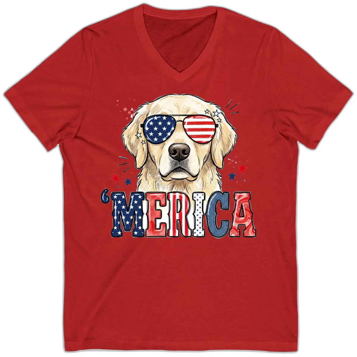 Patriotic Golden Retriever 'Merica Sunglasses V-Neck in Red