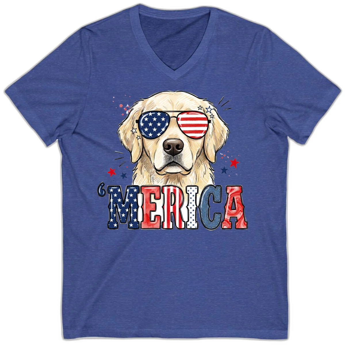 Patriotic Golden Retriever 'Merica Sunglasses V-Neck in Heather True Royal