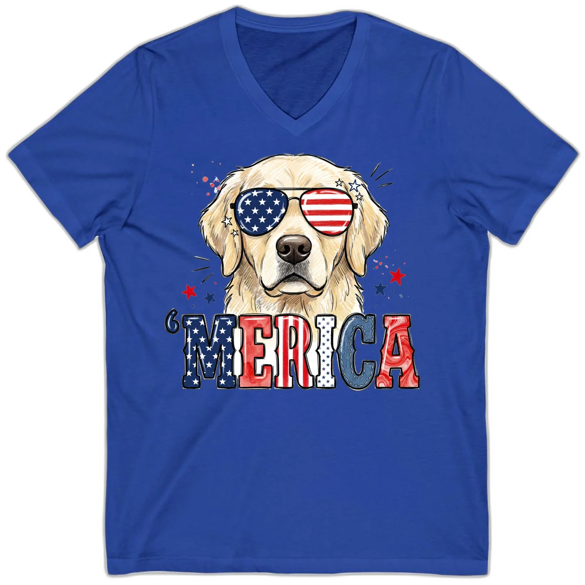 Patriotic Golden Retriever 'Merica Sunglasses V-Neck in True Royal