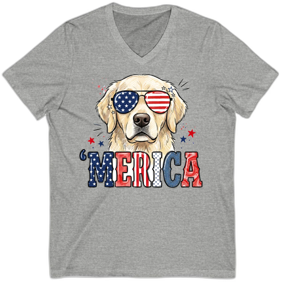 Patriotic Golden Retriever 'Merica Sunglasses V-Neck in Athletic Heather