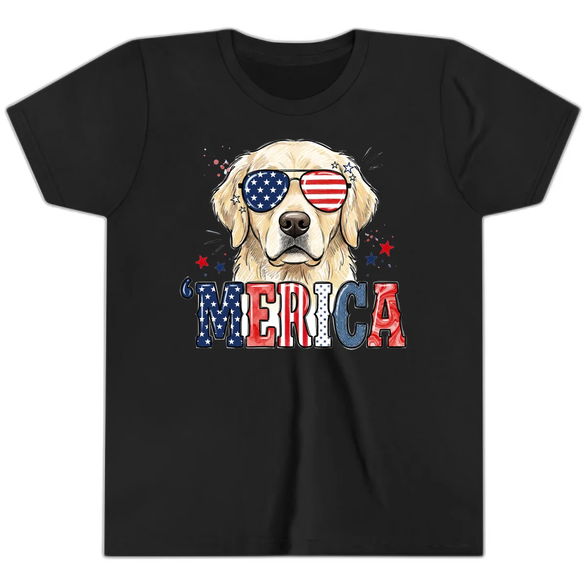 Patriotic Golden Retriever 'Merica Sunglasses Youth T-Shirt in Black