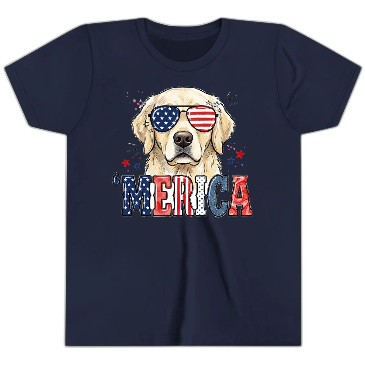 Patriotic Golden Retriever 'Merica Sunglasses Youth T-Shirt in Navy