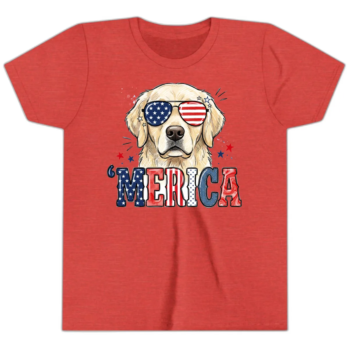 Patriotic Golden Retriever 'Merica Sunglasses Youth T-Shirt in Heather Red