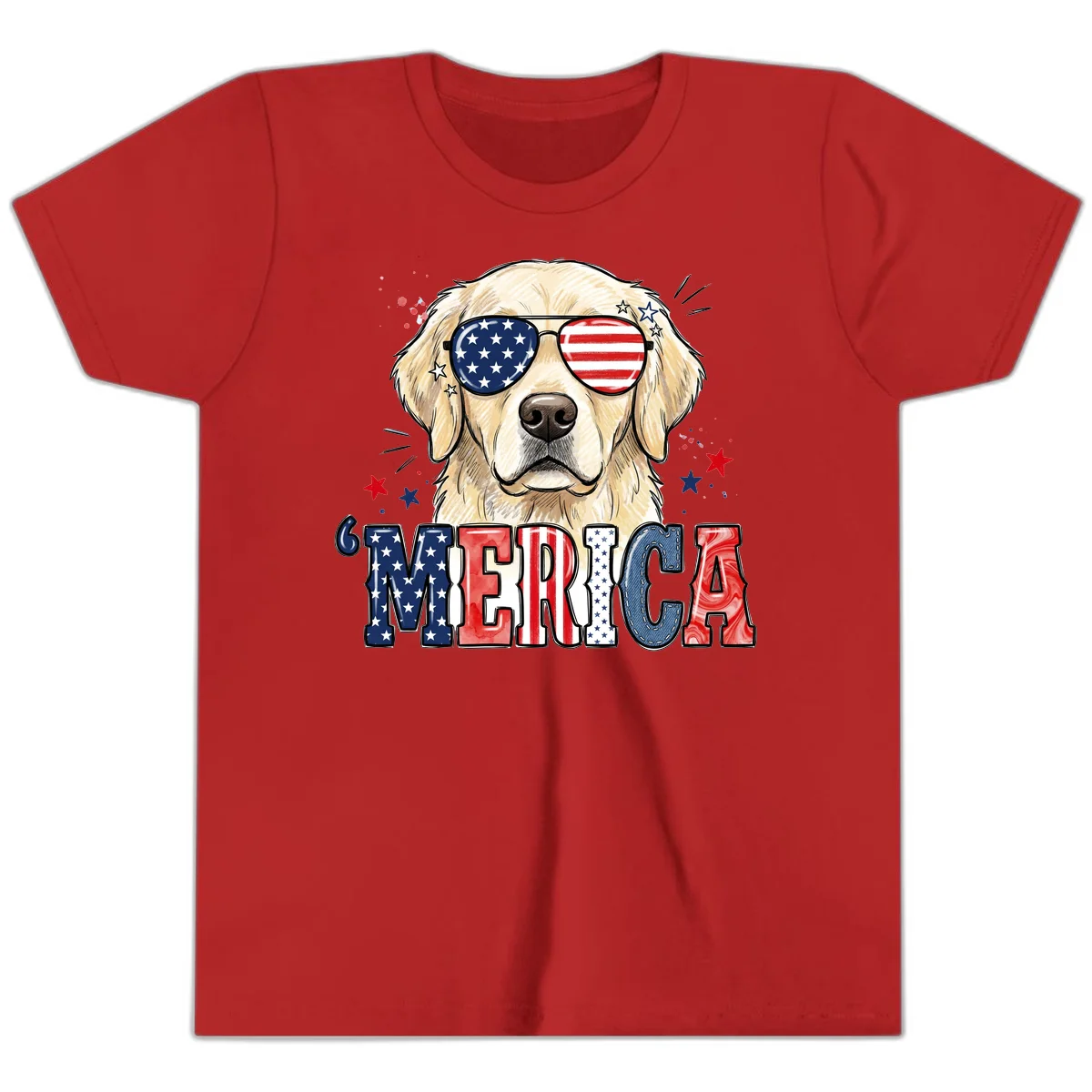 Patriotic Golden Retriever 'Merica Sunglasses Youth T-Shirt in Red