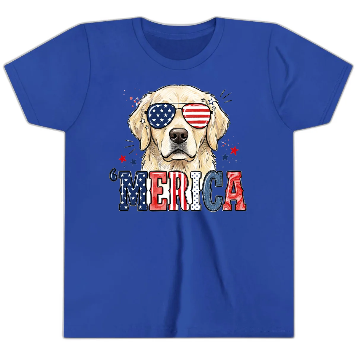 Patriotic Golden Retriever 'Merica Sunglasses Youth T-Shirt in True Royal
