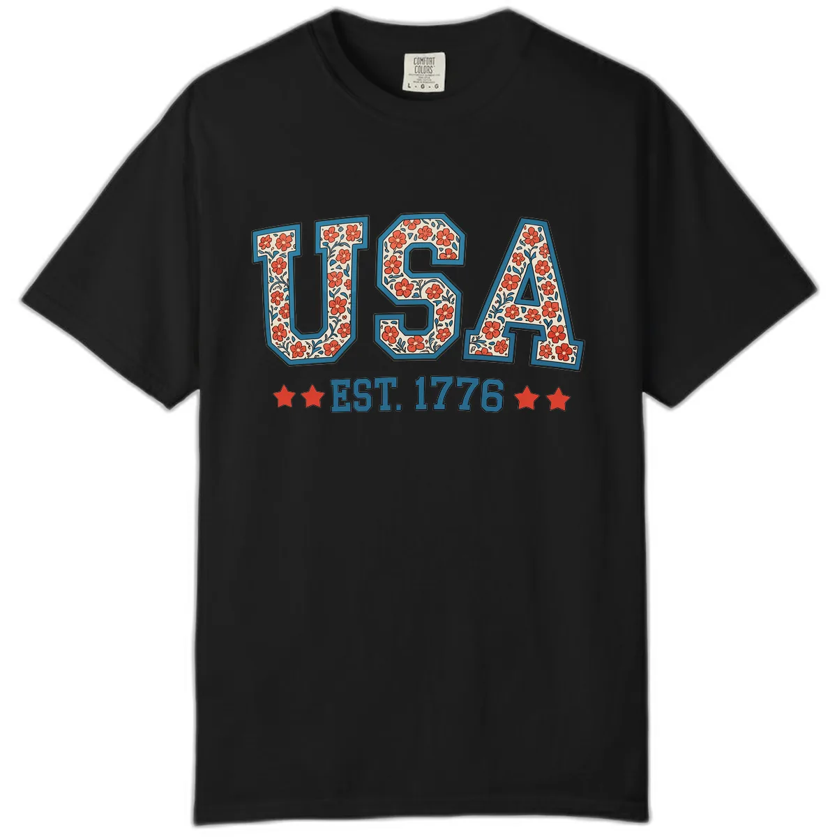 USA Est. 1776 Floral Patriotic Heritage Design Comfort Color in Black
