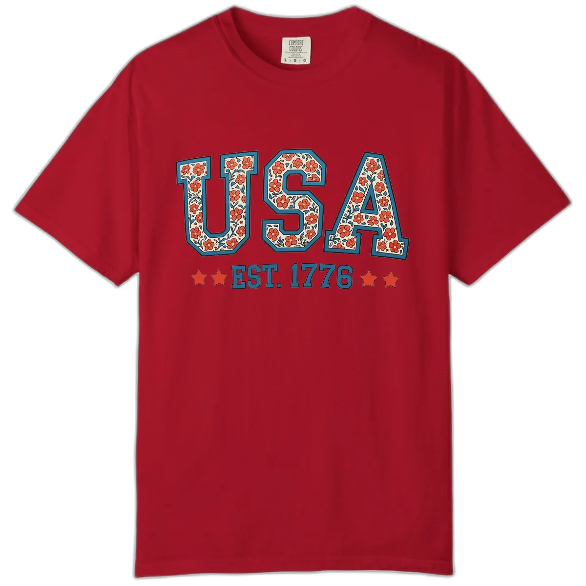 USA Est. 1776 Floral Patriotic Heritage Design Comfort Color in Red