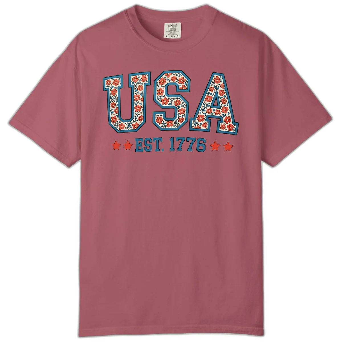 USA Est. 1776 Floral Comfort Tee in Crimson