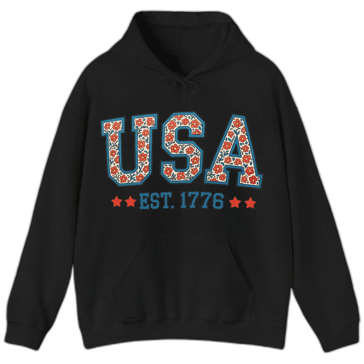 USA Est. 1776 Floral Hoodie in Black