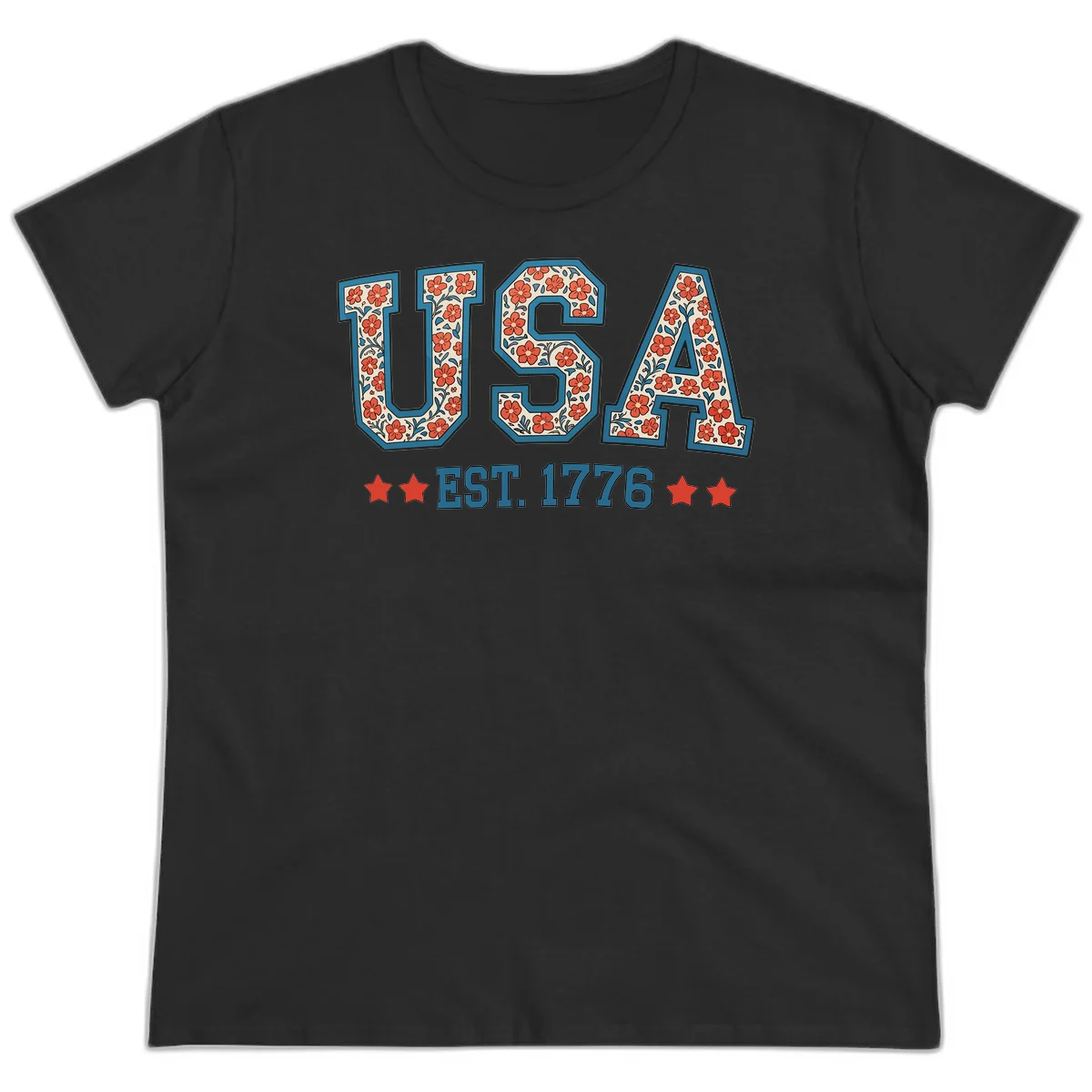 USA Est. 1776 Floral Ladies Tee in Black