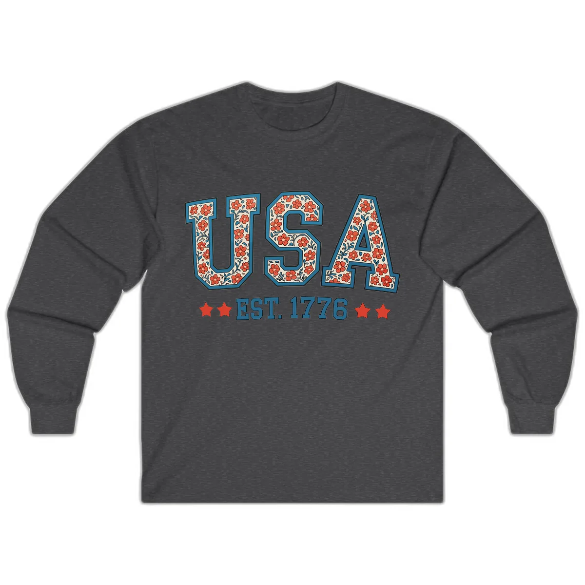 USA Est. 1776 Floral Patriotic Heritage Design Long Sleeve in Dark Heather