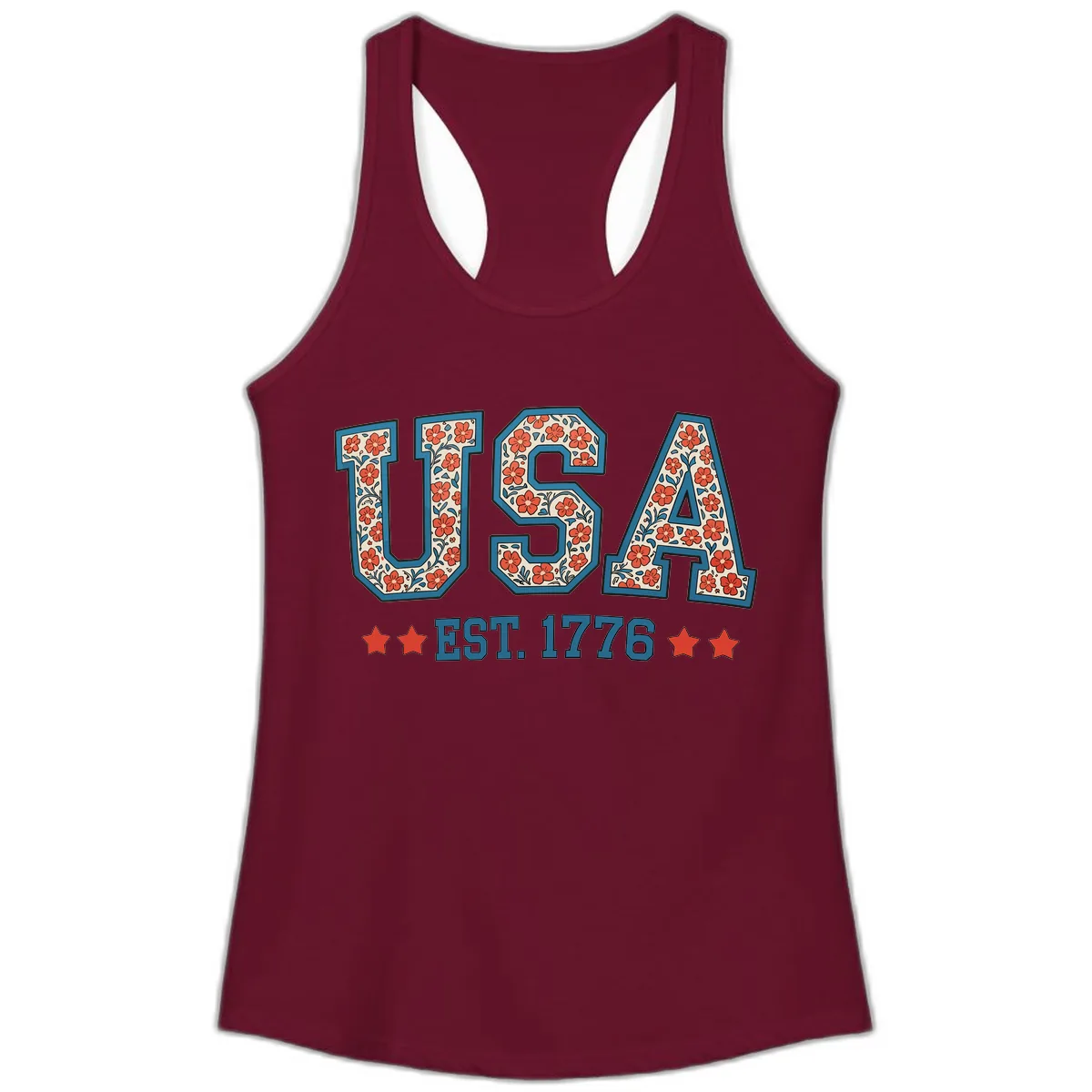 USA Est. 1776 Floral Patriotic Heritage Design Ladies Tank in Solid Cardinal Red