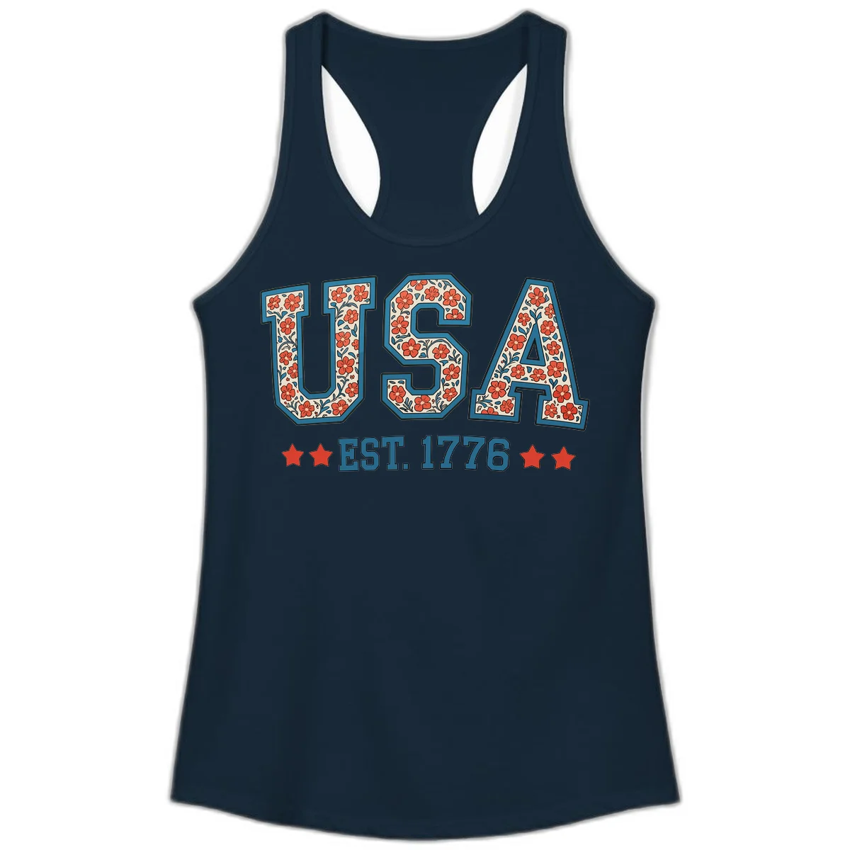 USA Est. 1776 Floral Ladies Tank in Solid Midnight Navy