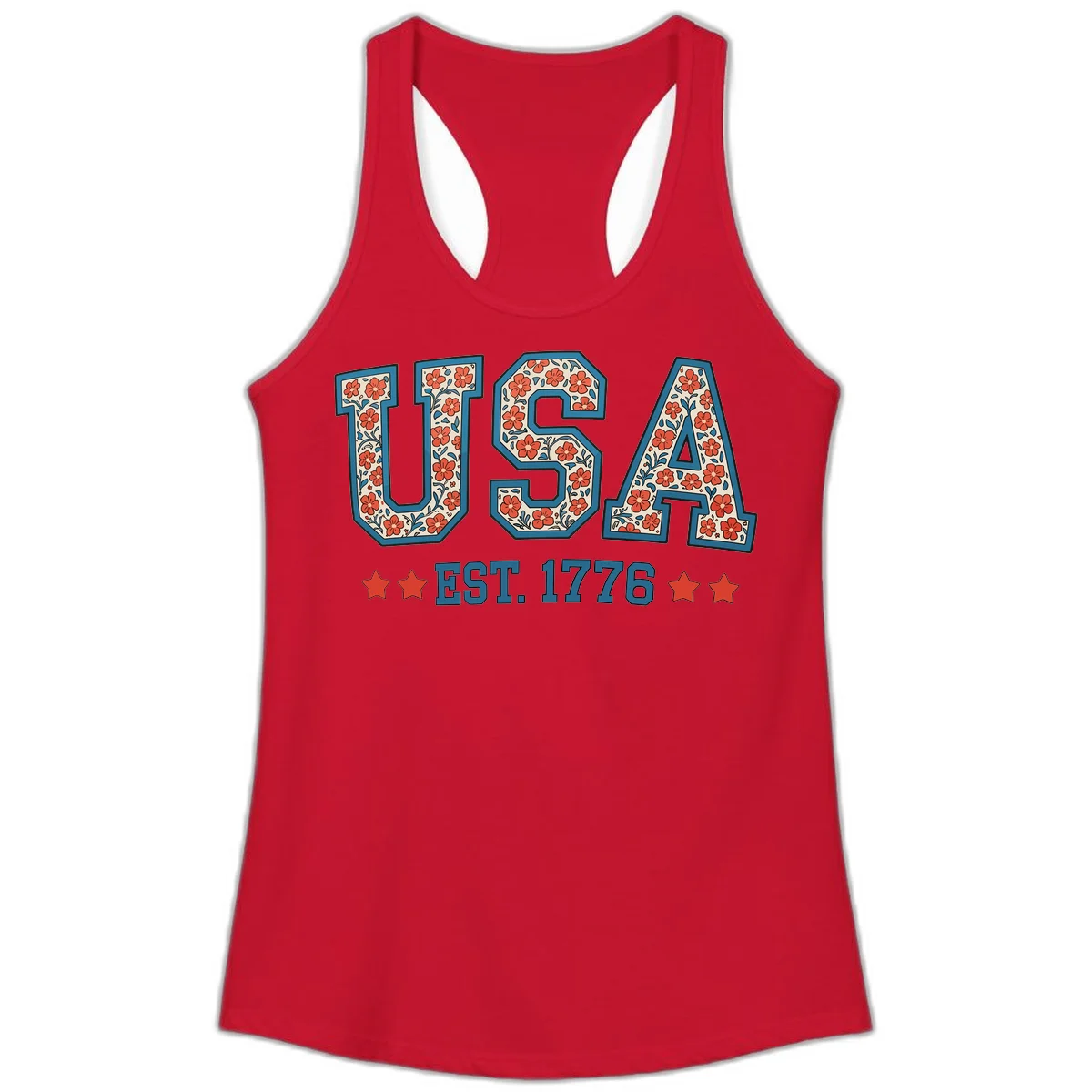 USA Est. 1776 Floral Ladies Tank in Solid Red