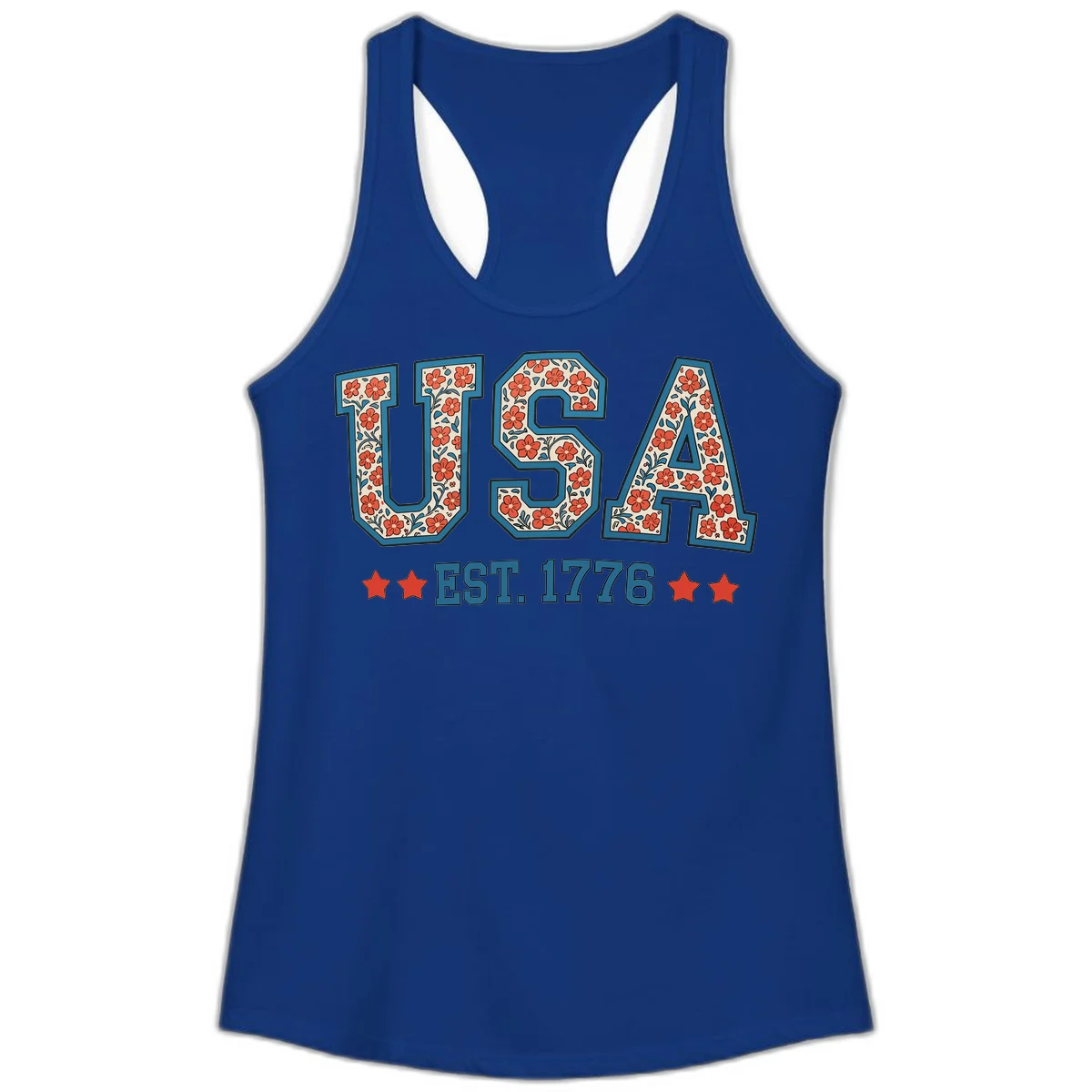 USA Est. 1776 Floral Ladies Tank in Solid Royal