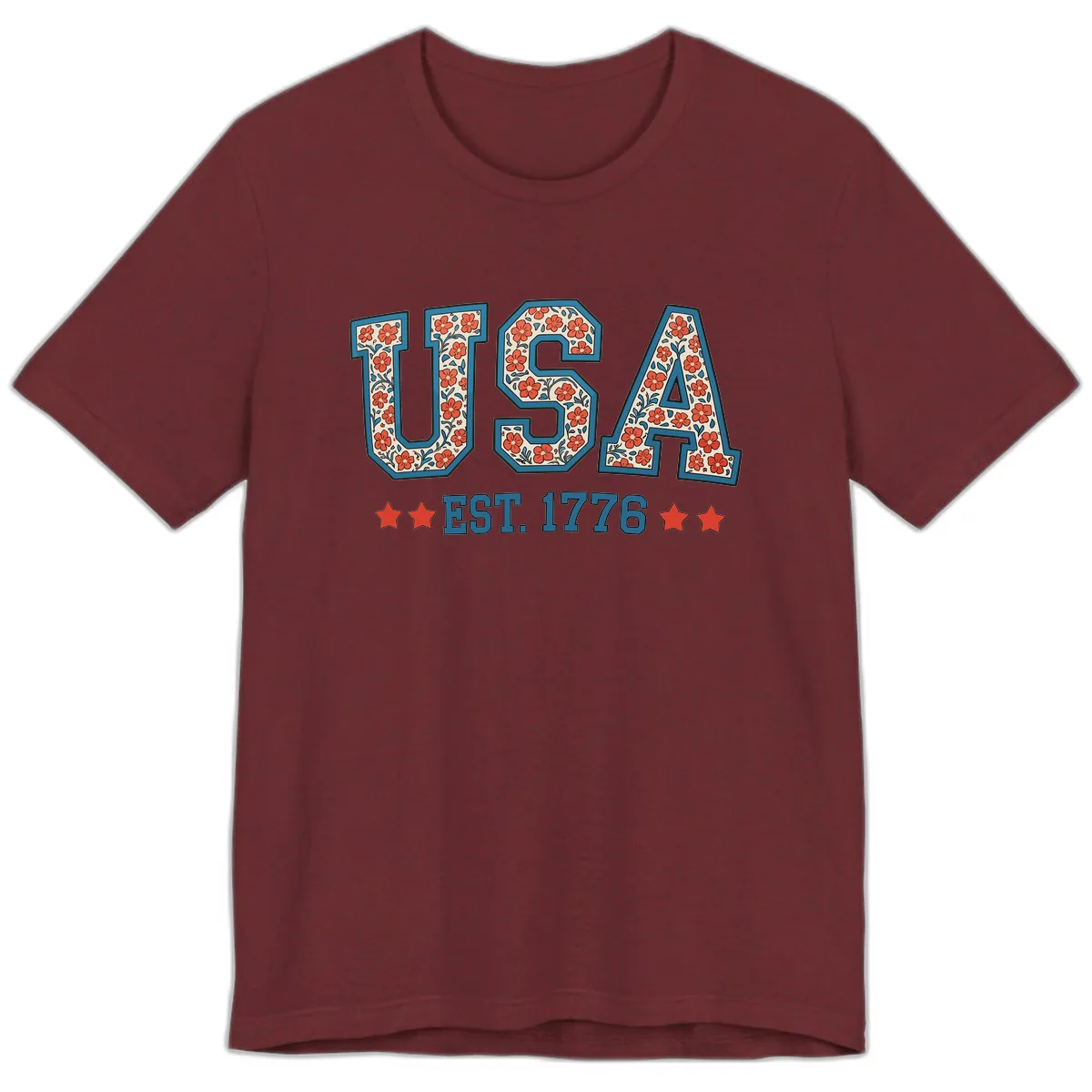 USA Est. 1776 Floral Patriotic Heritage Design Premium T-Shirt in Heather Cardinal