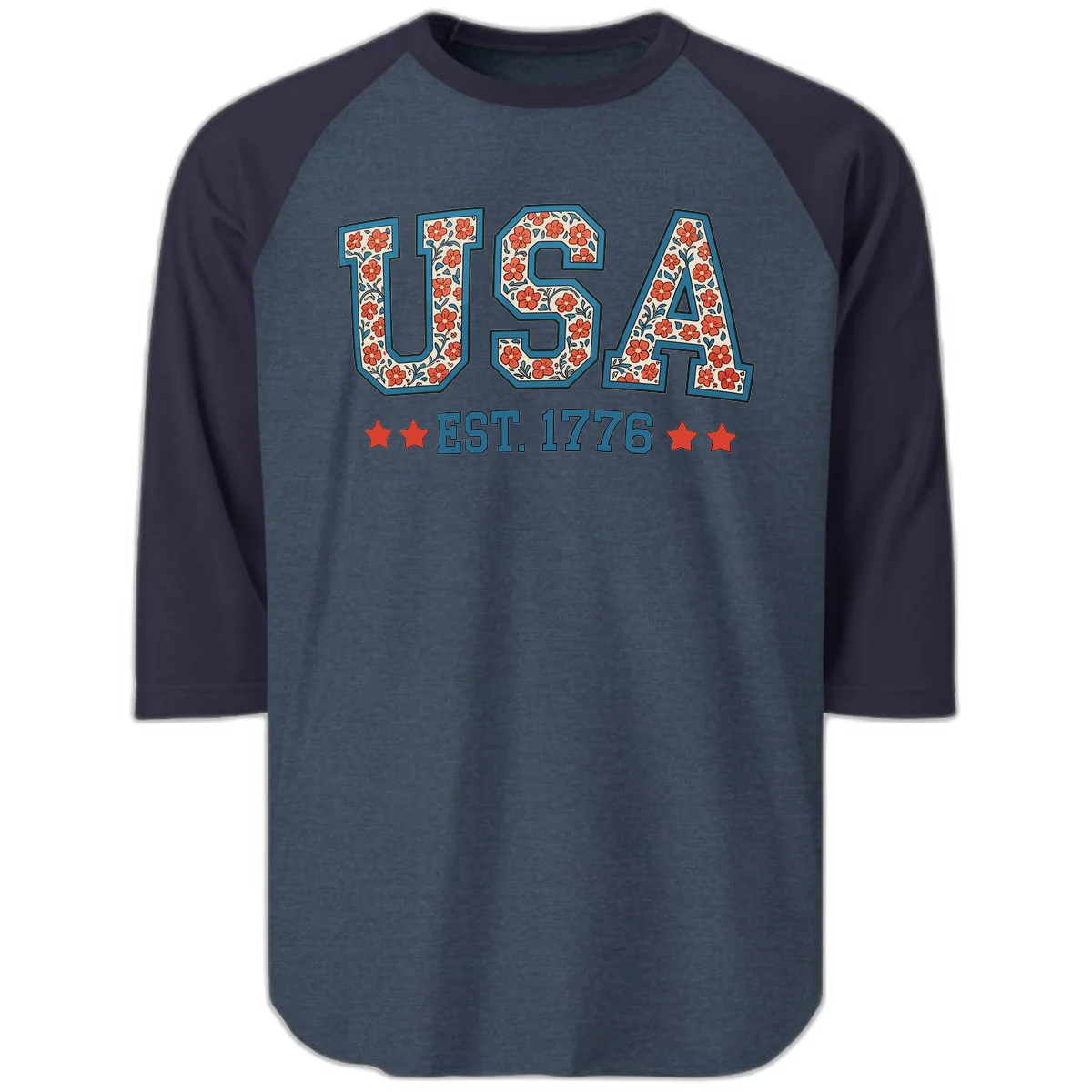 USA Est. 1776 Floral Raglan 3/4 in Heather Denim Navy