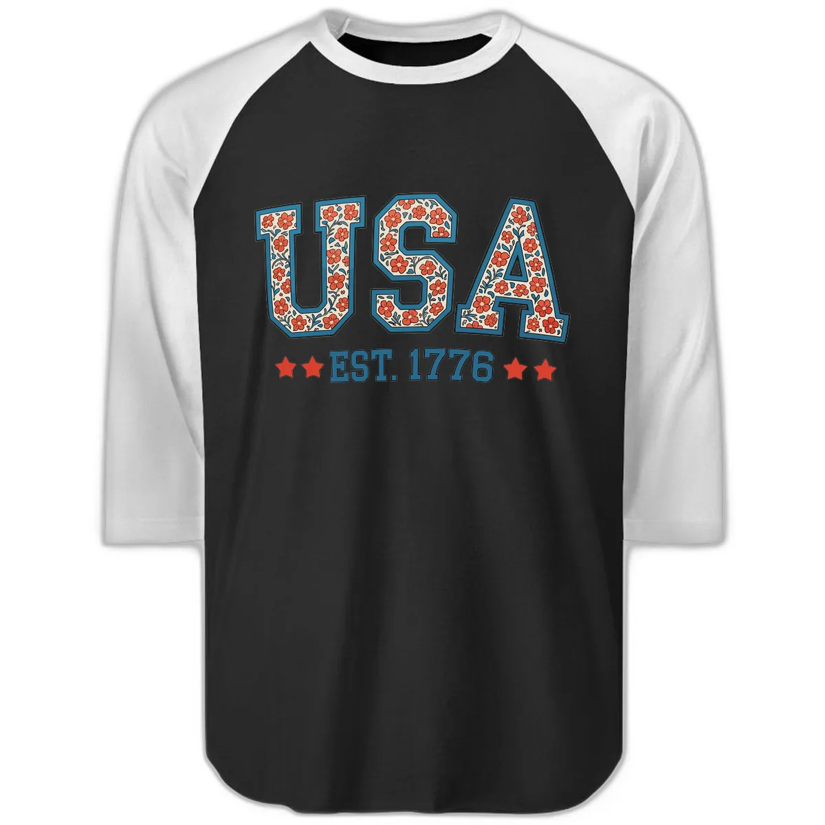 USA Est. 1776 Floral Patriotic Heritage Design Raglan 3/4 in Black White
