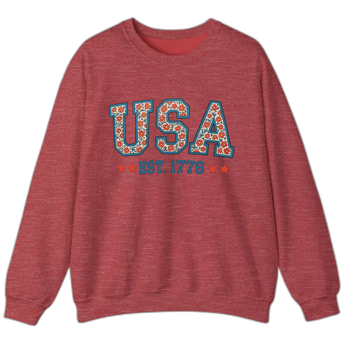 USA Est. 1776 Floral Patriotic Heritage Design Sweatshirt in Heather Scarlet Red