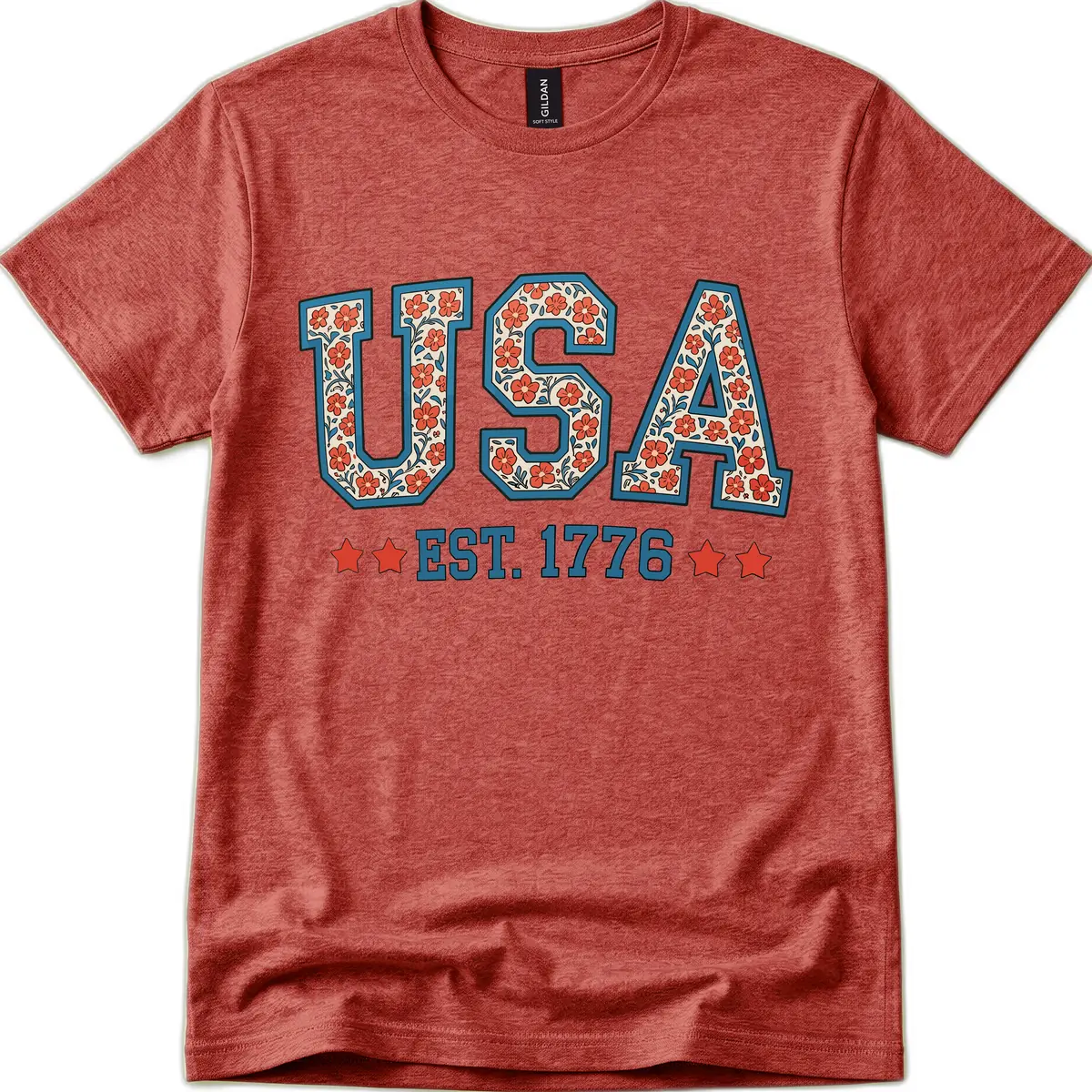 USA Est. 1776 Floral Patriotic Heritage Design T-Shirt in Heather Cardinal