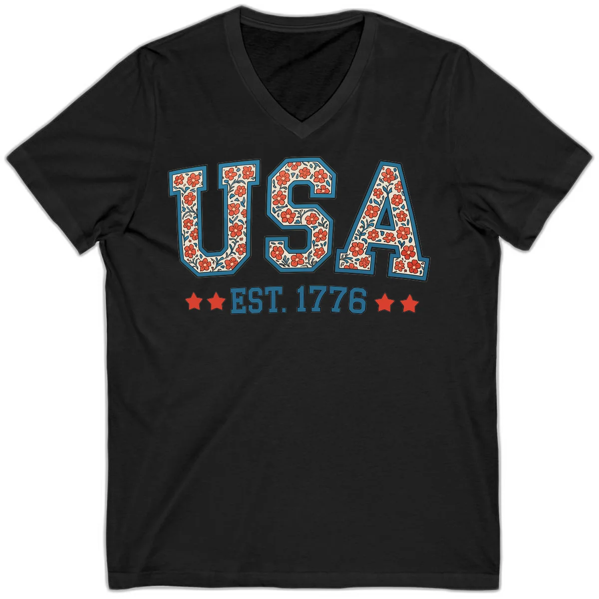 USA Est. 1776 Floral V-Neck Tee in Black