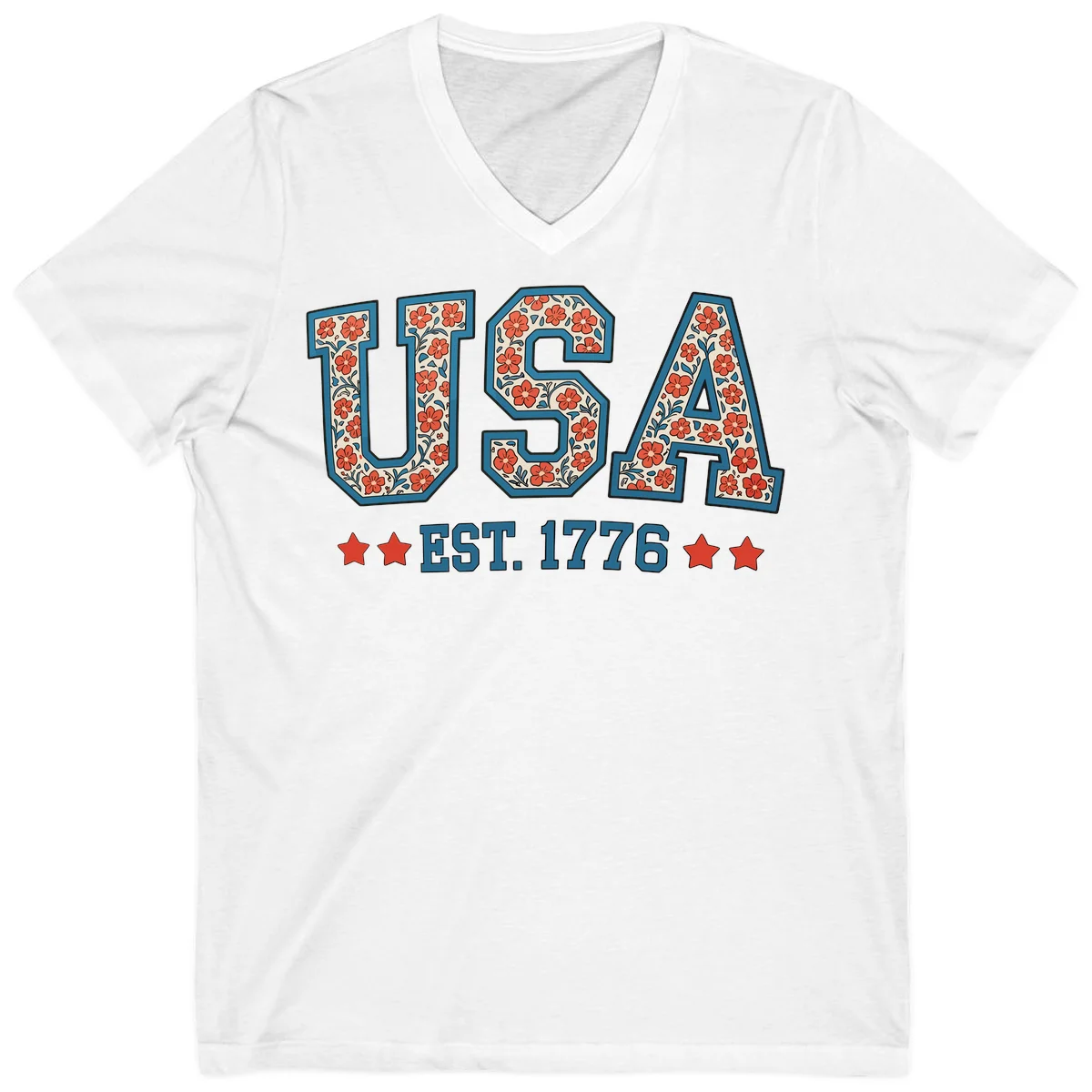 USA Est. 1776 Floral V-Neck Tee in White
