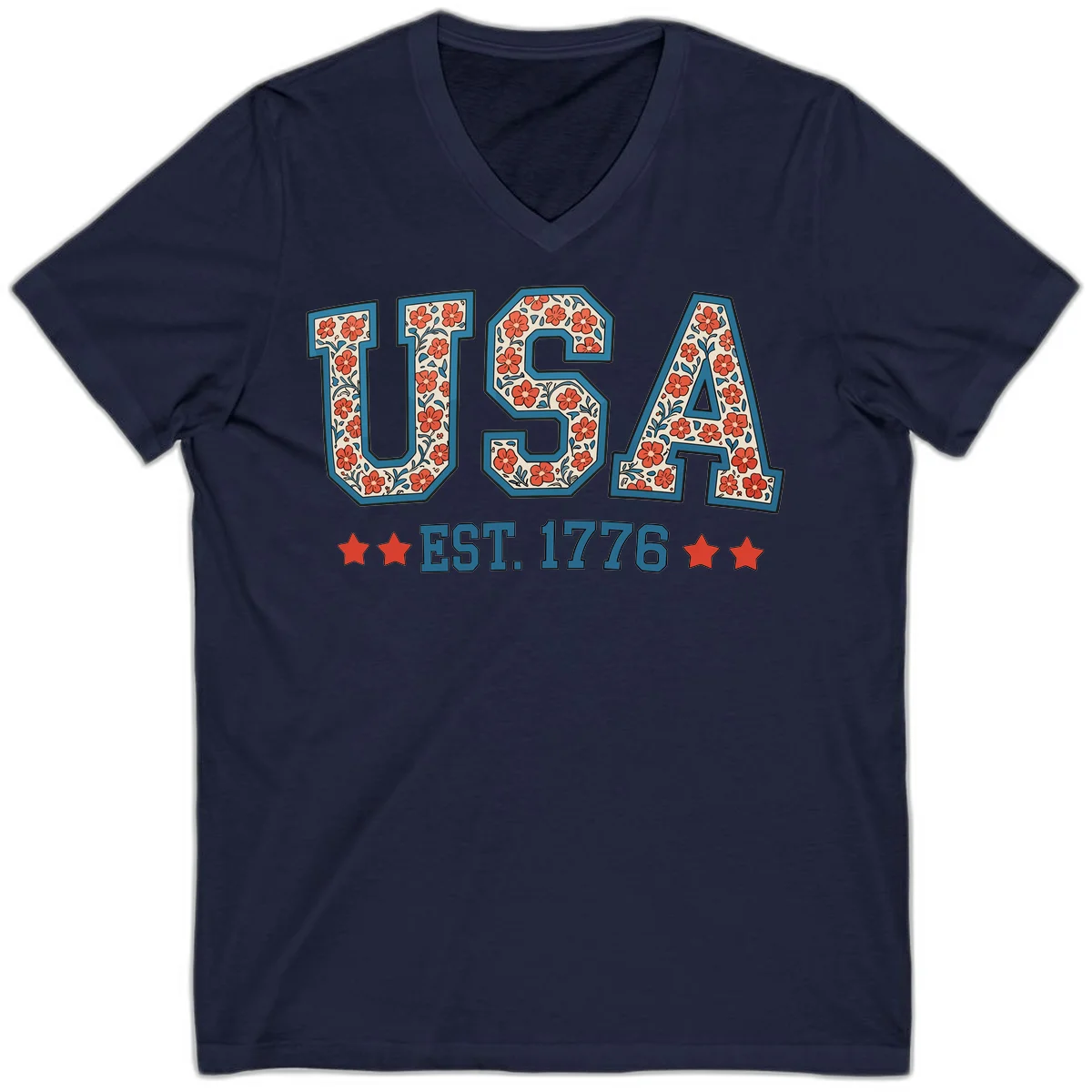 USA Est. 1776 Floral V-Neck Tee in Navy